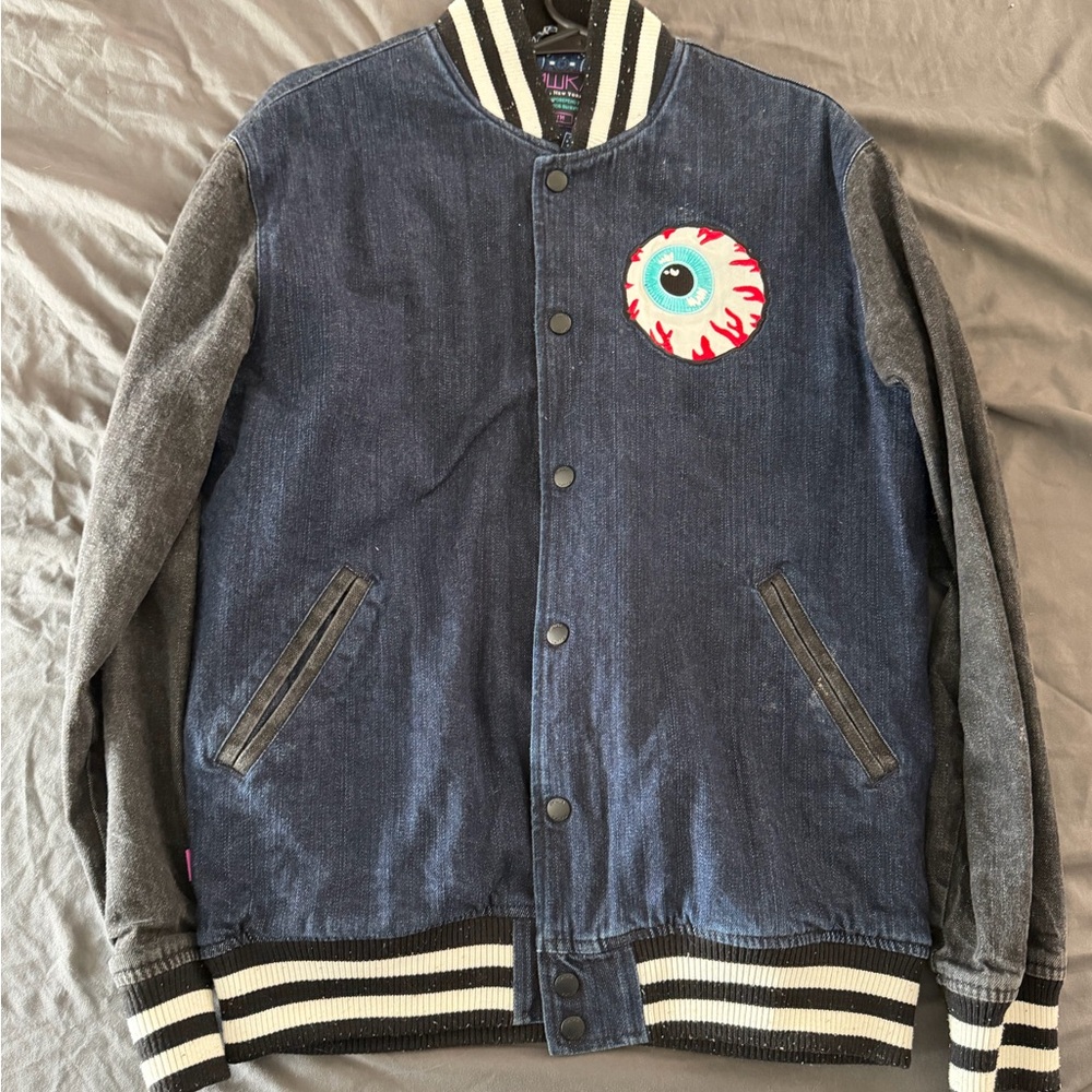 Mishka Denim Varsity Bomber Jacket - Blue/Grey/White - Size Medium - Paisley